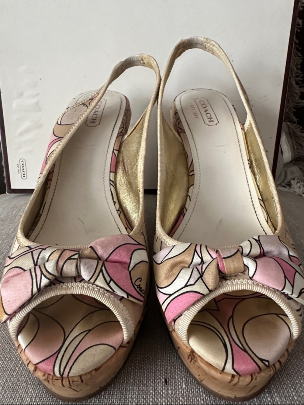 Coach Pink and Gold Patterned Bow Slingback Wedges
